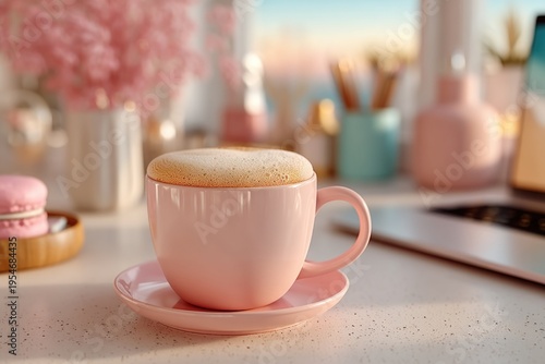 Coffee cup on pastel desk with soft light, cozy morning lifestyle background