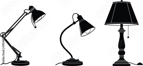 Black desk and table lamp silhouette collection set isolated on white background for interior lighting design, office workspace and illustration.