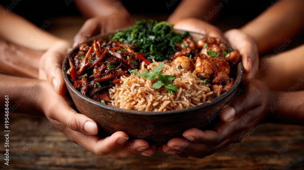 Fototapeta premium A diverse group of hands gather around a bowl of delicious food, symbolizing unity, sharing, and the joy of communal dining in a warm, inviting atmosphere.
