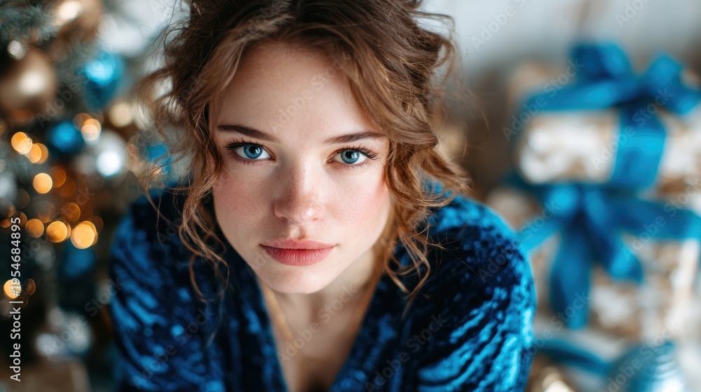 Fototapeta premium A stunning close-up of a young woman with enchanting blue eyes and styled hair, showcasing elegance and beauty amidst a warmly decorated backdrop, radiating charm and allure.