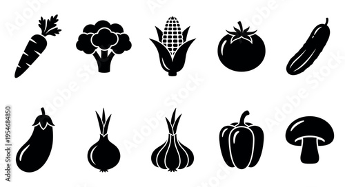 A set of simple black silhouette icons representing various fresh vegetables, including a carrot, broccoli, corn, tomato, cucumber, eggplant, onion, garlic, bell pepper, and mushroom.
