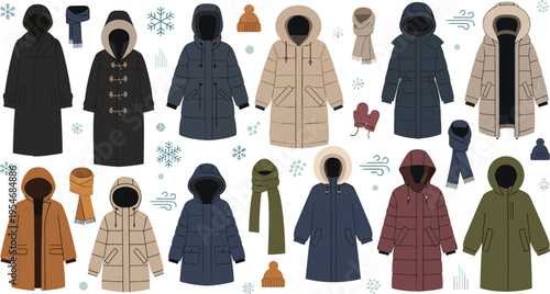 Winter coats collection with hooded jackets scarves and accessories isolated on white background cold weather fashion vector illustration set