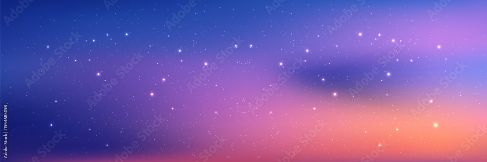 Fototapeta premium Dreamy pastel sky background with soft gradient colors, twinkling stars, and fluffy clouds creating a magical evening atmosphere perfect for fantasy designs and celestial skies.