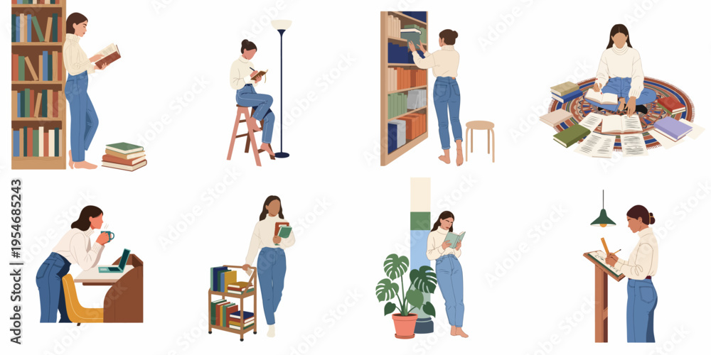 Fototapeta premium Flat vector illustration collection of a young woman engaged in various literary activities like reading, writing, studying, and organizing books at home.