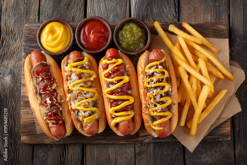 Cooking hot dogs with condiments and sides in a kitchen