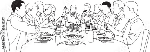 Vector illustration of people dining at a table, line art style