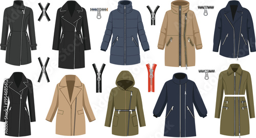 Winter coats with zipper details collection including parkas and jackets flat vector illustration set