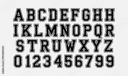 Varsity Alphabet and Numbers Vector Set with Collegiate Sports Font for Team Jersey Apparel Design