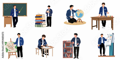 Collection of flat vector illustrations featuring a male student in various educational activities like reading, teaching, studying, and presenting.