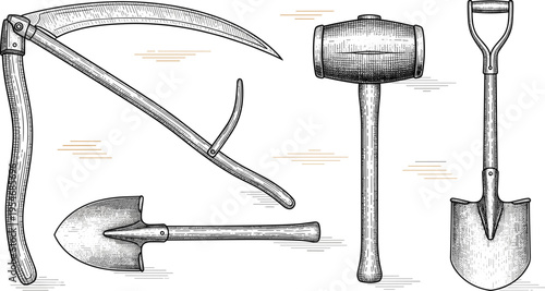 Vintage engraving farming tools set with scythe shovel and mallet detailed hand drawn illustration