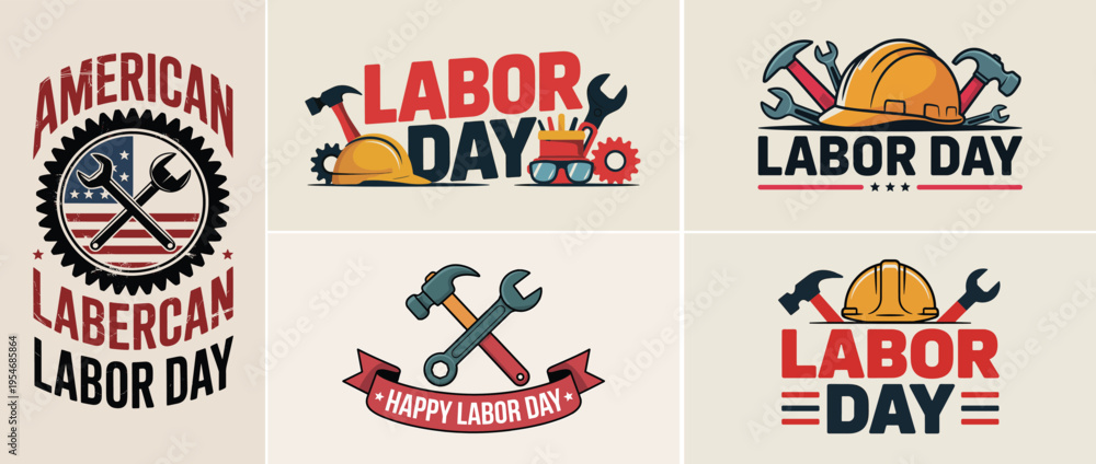 Fototapeta premium Labor Day Illustrations with Tools and Helmets American Holiday Theme Stock Graphics