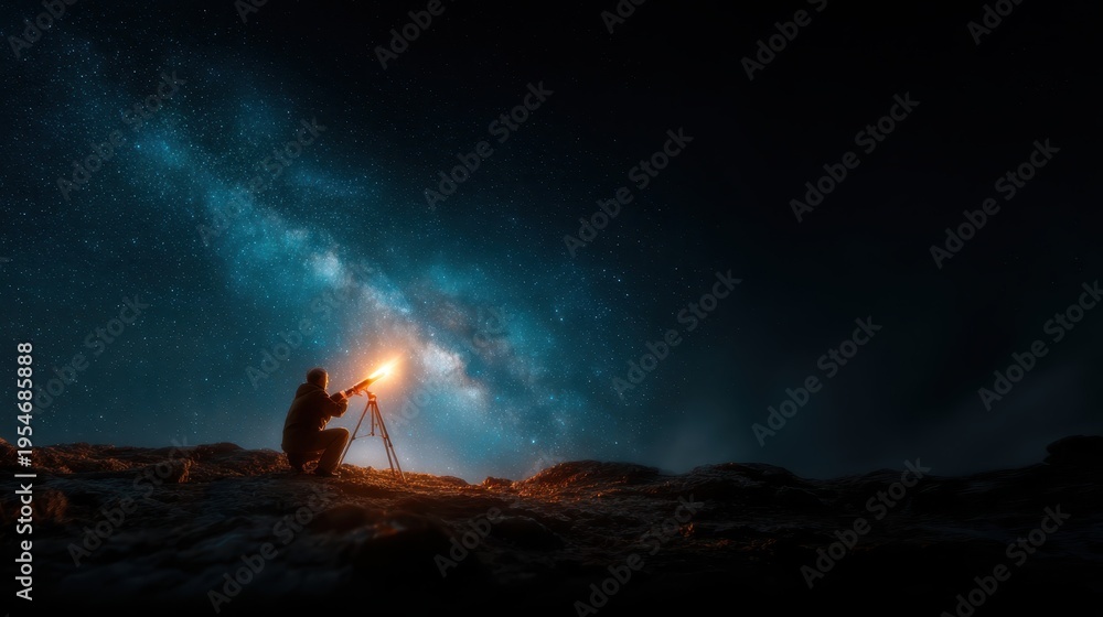 Fototapeta premium A silhouette of a person using a telescope to gaze at the Milky Way under a starlit sky, representing a connection to the cosmos and the wonders of the universe.