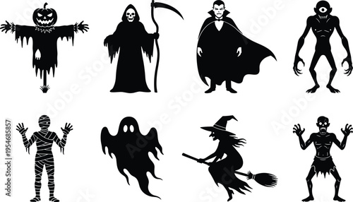 Black silhouette vector illustration showing classic Halloween characters including scarecrow, Grim Reaper, vampire, mummy, ghost, witch, zombie, and monster