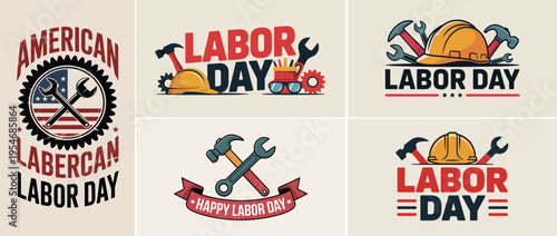 Labor Day Illustrations with Tools and Helmets American Holiday Theme Stock Graphics