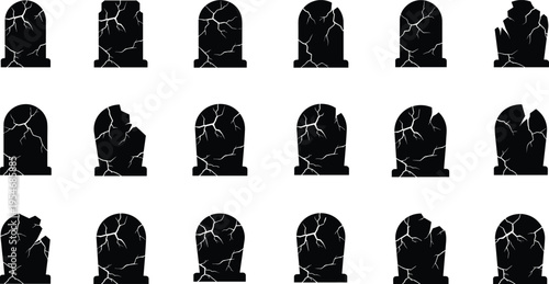 Black silhouette vector illustration showing cracked tombstones in multiple shapes and damaged styles for Halloween or spooky design