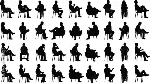 Black silhouette vector illustration showing diverse seated human figures in multiple chair poses with varied postures and gestures