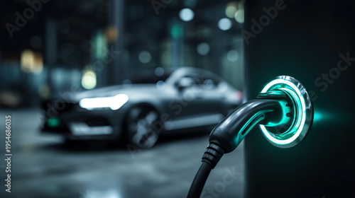 An electric car charging in a modern urban environment at night