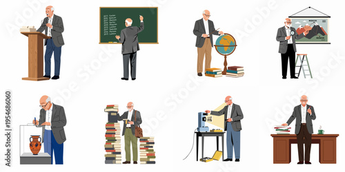 Set of illustrations of an elderly male professor in various academic and teaching activities like lecturing, researching, and geography lessons.