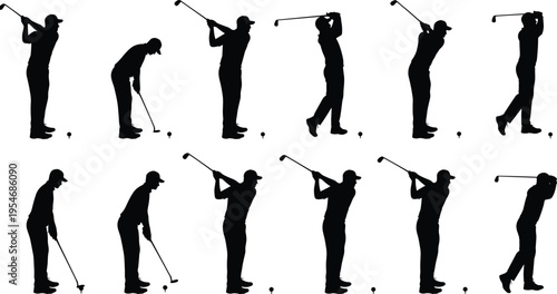 Black silhouette vector illustration showing golfer performing complete swing sequence from stance, backswing, impact, and follow-through stages