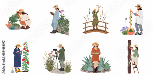 Flat vector illustration set of women botanists and scientists engaged in various outdoor plant research, observation, and nature study activities.