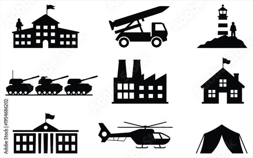 Military and Public Infrastructure Silhouette Icons Set