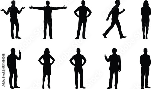 Black silhouette vector illustration showing male and female figures in varied standing, walking, and gesturing postures and stances