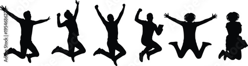 Black silhouette vector illustration showing people in energetic jumping poses with dynamic movement and expressive body postures