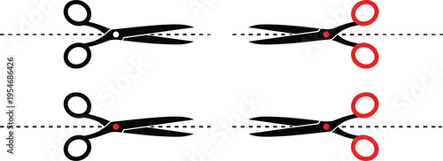 Black silhouette vector illustration showing scissors with black and red handles aligned on dashed cutting paths in symmetrical layout