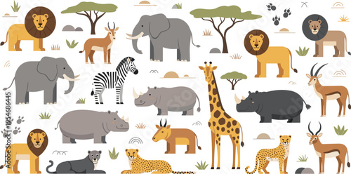 African safari animals collection with lion elephant giraffe zebra and wild fauna flat vector illustration set