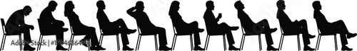 Black silhouette vector illustration showing seated human figures in progressive postures from slouched to upright confident sitting positions
