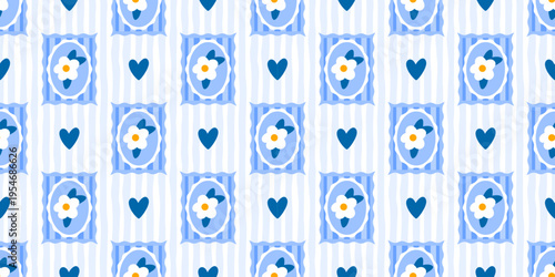 Quilt heart seamless with cute pattern valentines for kawaii floral flower. Spring plaid blanket with loop summer checkered for daisy frame love. Coquette wallpaper quilt with vector cute blue.