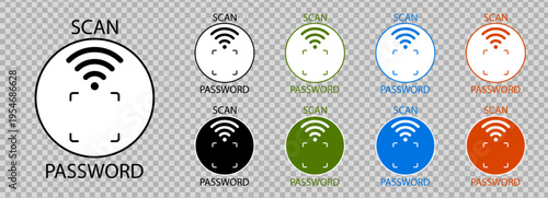 Wifi free password zone with strong signal vector icon and logo sticker sign for network access. Symbol router wave wlan fi set round signage spot area label public available design hotspot