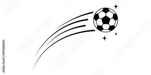 Soccer ball football icon with speed and goal background for a vector logo or team illustration. Sport graphic isolated by design, through flying foot motion with white abstract and black element
