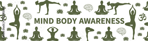 Green yoga and mindfulness design featuring silhouettes in poses with lotus, Om symbol, brain icons, and text Mind Body Awareness