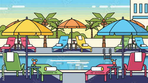 Cartoon-style illustration of a pool with umbrellas, chairs, and palm trees