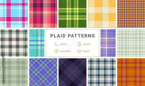 Plaid set for interior displays of childrens clothing stores. Harmonized tartan designs suit showrooms and catalog visuals. Seamless vectors maintain rhythm.