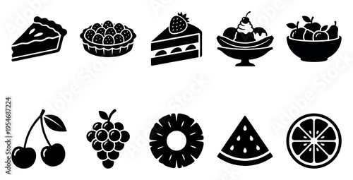 Collection of simple black and white icons featuring various desserts like pie slices, tarts, and banana splits, alongside fresh fruits such as cherries, grapes, pineapple, watermelon.
