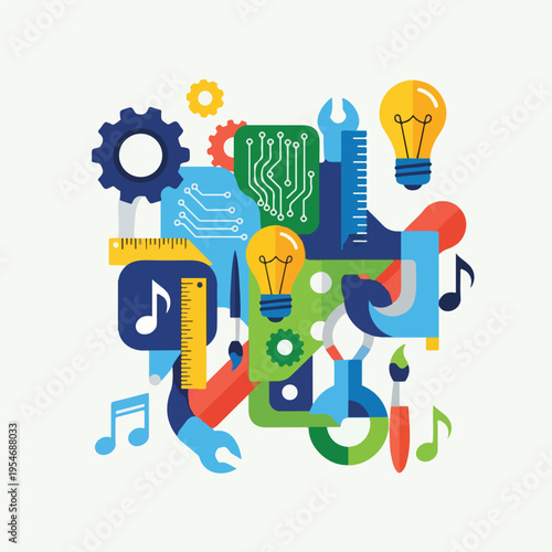 Collage featuring gears, circuit boards, lightbulbs, music notes, and tools