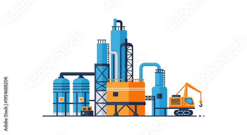 Illustration of a modern industrial plant with various towers, tanks, and a construction crane, symbolizing manufacturing and production processes.