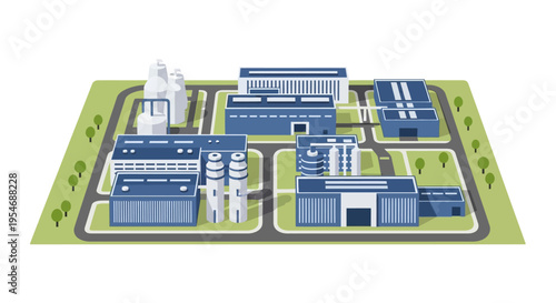 An aerial view of a modern industrial complex featuring multiple blue factory buildings, storage tanks, and administrative offices, surrounded by green landscaping and paved roads.