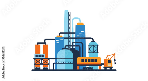 Modern industrial complex with tall towers, pipelines, and a crane, representing manufacturing and production processes.
