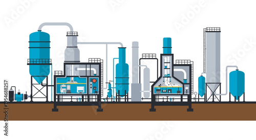 Illustration of a modern industrial plant with complex machinery and processing units, showcasing chemical engineering and manufacturing processes.