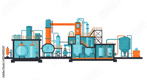Cross-section illustration of an industrial chemical processing plant with various tanks, pipes, and machinery.