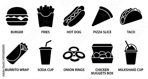 A collection of black silhouette icons representing various fast food items including a burger, fries, hot dog, pizza, taco, burrito, soda, onion rings, chicken nuggets, and milkshake.