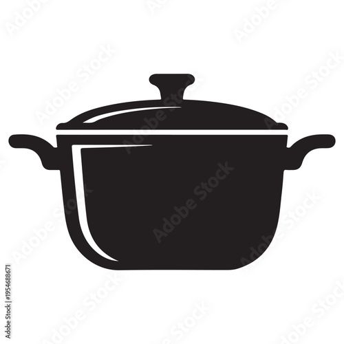 A simple black silhouette of a cooking pot with handles and a lid displayed on white