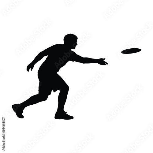 A silhouette of a man throwing a frisbee disc across a bright and plain white background area