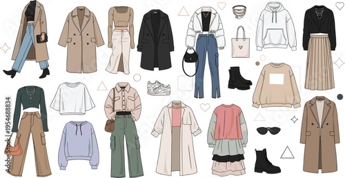 Casual women outfits collection with coats sweaters and accessories isolated on white background modern fashion vector illustration set