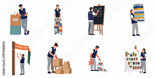 Flat vector illustration set of volunteers preparing for a charity fair, collecting donations, packing boxes, and organizing items for a good cause.