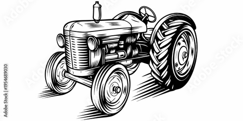 Vintage Farm Tractor Monochrome Line Art Illustration