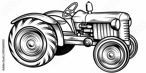 Antique Agricultural Farm Tractor Monochrome Line Art Drawing